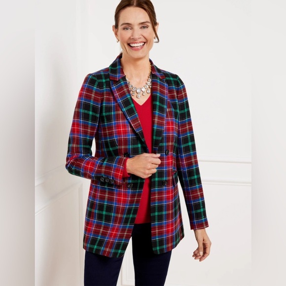 Talbots Red Plaid Wool Blend Blazer Holiday Tartan Jacket Petite 4P - Picture 1 of 16